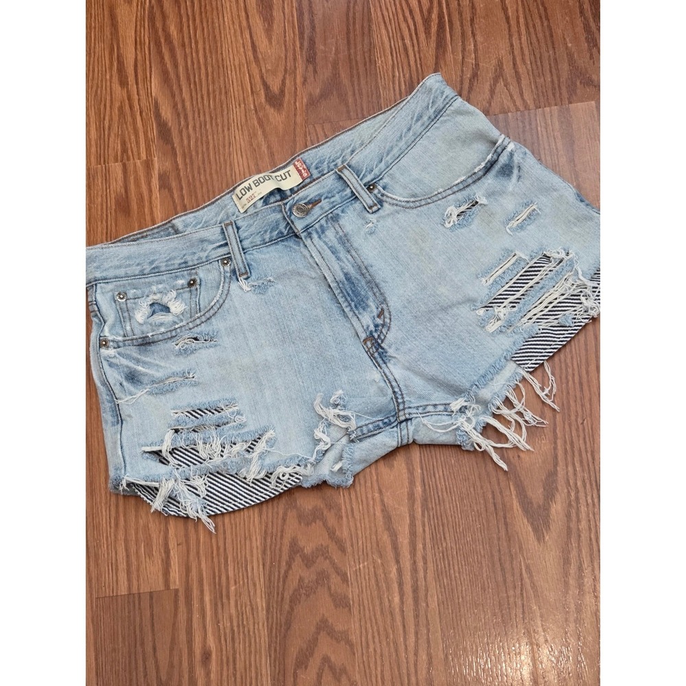 Levis 527‎ Low Boot Cut Denim Shorts Light Wash Distressed Frayed Hem W32 L34